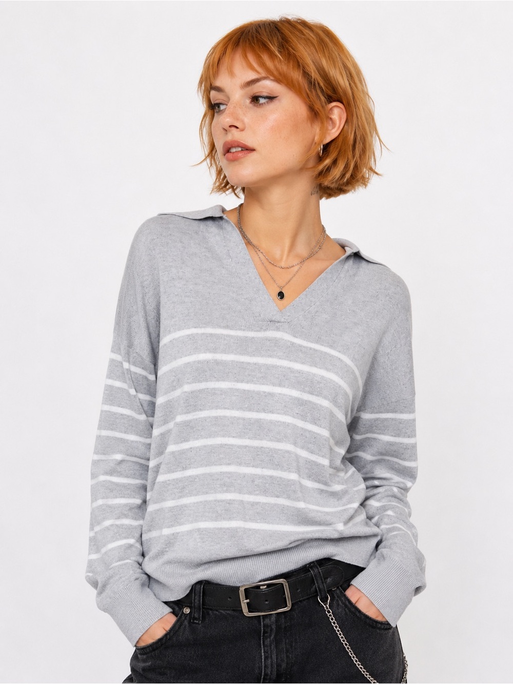 LOFT Light Blue & White Striped V-Neck Pullover